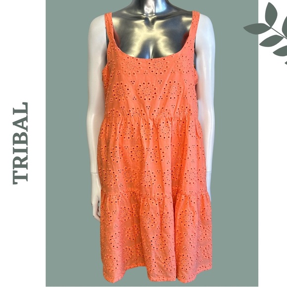 Tribal Eyelet Tiered Sundress Lined Mini Dress Orange Size Small - Picture 4 of 8